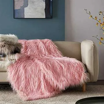 Ojia Super Soft Fuzzy Shaggy Mongolian Lamb Faux Fur Throw Blanket Plush Warm Cozy Elegant Long Bedding Cover Chic Decorative for Sofa Floor-50”x 60”,Pink