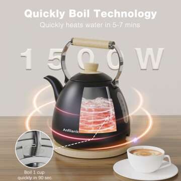 Anfilank Electric Kettle For Coffee & Tea -1.7L Water Boiler 1500W Fast Boiling, Visual Water Level,...