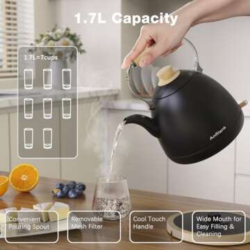 Anfilank Electric Kettle For Coffee & Tea -1.7L Water Boiler 1500W Fast Boiling, Visual Water Level, Removable Filter, LED Indicator Light. Auto Shut-off & Boil-Dry Protection - BPA Free (Black)