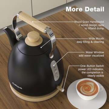 Anfilank Electric Kettle For Coffee & Tea -1.7L Water Boiler 1500W Fast Boiling, Visual Water Level, Removable Filter, LED Indicator Light. Auto Shut-off & Boil-Dry Protection - BPA Free (Black)