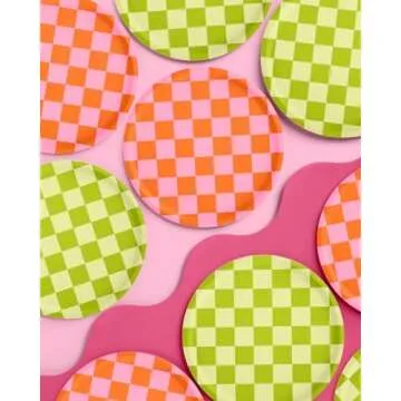 xo, Fetti Pink + Green Checkered Paper Plates - 24 pk, 9" | Bachelorette Fiesta Decorations, Cute Birthday Party Tablescape, Retro Summer Tableware Supplies, Cinco de Mayo Place Setting, 21st Bday
