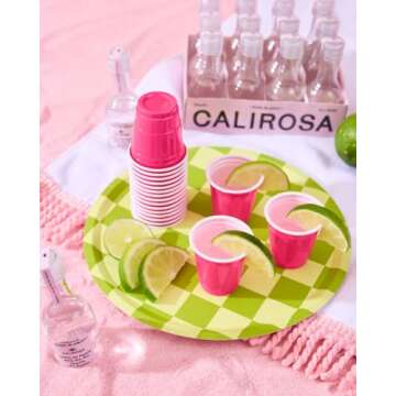 xo, Fetti Pink + Green Checkered Paper Plates - 24 pk, 9" | Bachelorette Fiesta Decorations, Cute Birthday Party Tablescape, Retro Summer Tableware Supplies, Cinco de Mayo Place Setting, 21st Bday