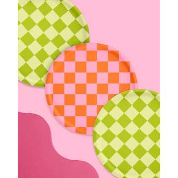 xo, Fetti Pink + Green Checkered Paper Plates - 24 pk, 9" | Bachelorette Fiesta Decorations, Cute Birthday Party Tablescape, Retro Summer Tableware Supplies, Cinco de Mayo Place Setting, 21st Bday