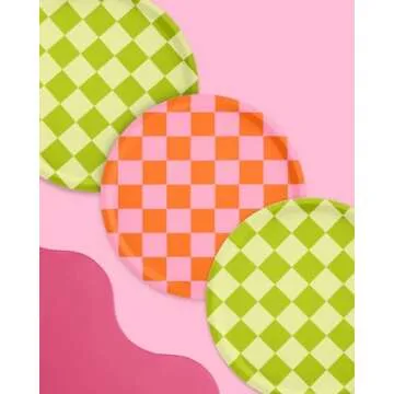 xo, Fetti Pink + Green Checkered Paper Plates - 24 pk, 9" | Bachelorette Fiesta Decorations, Cute Birthday Party Tablescape, Retro Summer Tableware Supplies, Cinco de Mayo Place Setting, 21st Bday