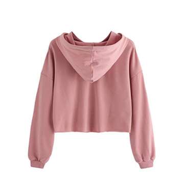 ROMWE Women's Women's Letter Print Sweatshirt Raw Hem Drawstring Crop Top Hoodie Pink# S
