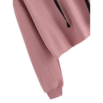 ROMWE Women's Women's Letter Print Sweatshirt Raw Hem Drawstring Crop Top Hoodie Pink# S