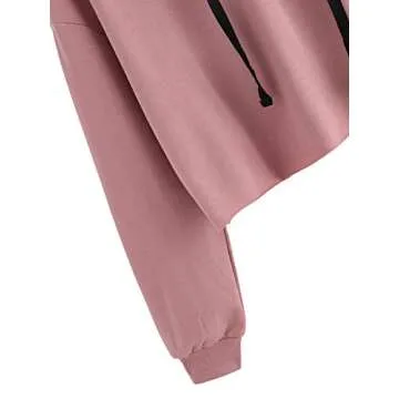 ROMWE Women's Women's Letter Print Sweatshirt Raw Hem Drawstring Crop Top Hoodie Pink# S