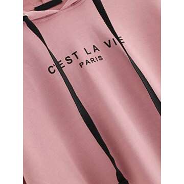 ROMWE Women's Women's Letter Print Sweatshirt Raw Hem Drawstring Crop Top Hoodie Pink# S