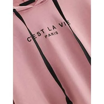 ROMWE Women's Women's Letter Print Sweatshirt Raw Hem Drawstring Crop Top Hoodie Pink# S
