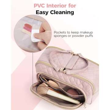 BAGSMART Travel Makeup Bag, Cosmetic Bag Organizer Case, Portable Makeup Travel bag for Women for Travel Accessories, Makeup Toiletry Bag with Dual-Zippered Large Wide-open and Handle-pink