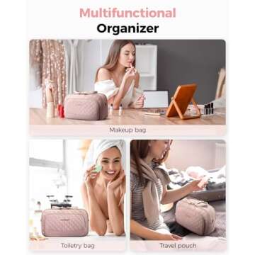 BAGSMART Travel Makeup Bag, Cosmetic Bag Organizer Case, Portable Makeup Travel bag for Women for Travel Accessories, Makeup Toiletry Bag with Dual-Zippered Large Wide-open and Handle-pink