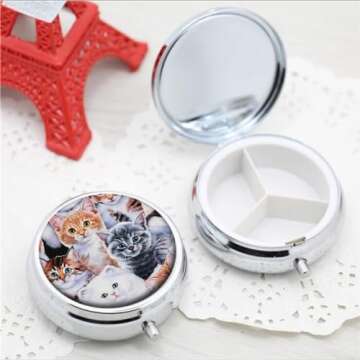Pill Box of Pocket Purse 3 Compartment Medicine Holder Travel Pill Case Decorative Box Vitamin Pill Organizer Unique Gift Cats Cat