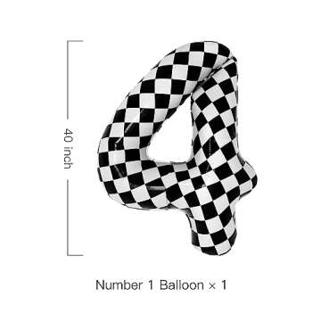 40 Inch Checkered 4 Balloon Large Black and White Number Balloon for Race Car 4th Birthday Party Sup...