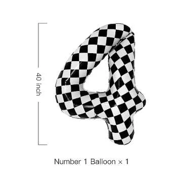 40 Inch Checkered 4 Balloon Large Black and White Number Balloon for Race Car 4th Birthday Party Sup...