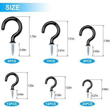 70 Pcs Ceiling Hooks for Hanging, 6 Sizes Screw Hooks for Hanging, Black Vinyl Coated Cup Hooks Screw In for Hanging Plants Christmas Lights, Cups, Decors (1/2", 5/8", 3/4", 7/8", 1'', 1-1/4").