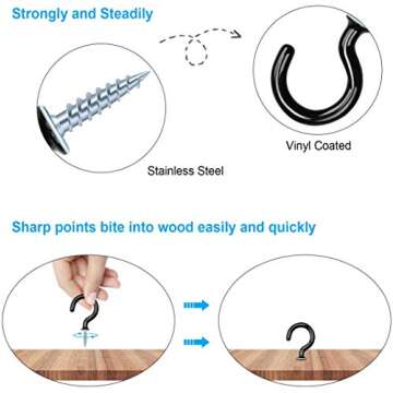 70 Pcs Ceiling Hooks for Hanging, 6 Sizes Screw Hooks for Hanging, Black Vinyl Coated Cup Hooks Screw In for Hanging Plants Christmas Lights, Cups, Decors (1/2", 5/8", 3/4", 7/8", 1'', 1-1/4").