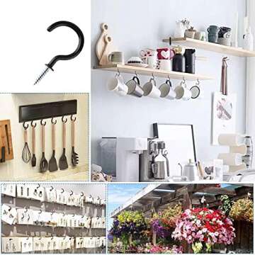 70 Pcs Ceiling Hooks for Hanging, 6 Sizes Screw Hooks for Hanging, Black Vinyl Coated Cup Hooks Screw In for Hanging Plants Christmas Lights, Cups, Decors (1/2", 5/8", 3/4", 7/8", 1'', 1-1/4").