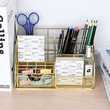 JUOPIEA Desk Organizers and Accessories Office Supplies 12PS Set with Acrylic Stapler, Staple Remover, Pen Holder, Clips, Scissor, Phone Holder, 1 Pen Ect