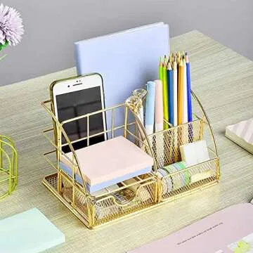 JUOPIEA Desk Organizers and Accessories Office Supplies 12PS Set with Acrylic Stapler, Staple Remover, Pen Holder, Clips, Scissor, Phone Holder, 1 Pen Ect