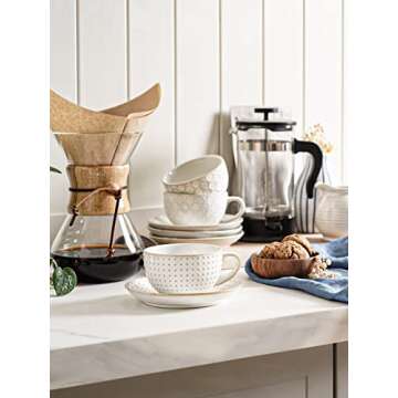 LE TAUCI 8 oz Cappuccino Cups with Saucers, Ceramic Large Coffee Cup for Au Lait, Double shot, Latte, Cafe Mocha, Tea - Set of 4, Arctic white