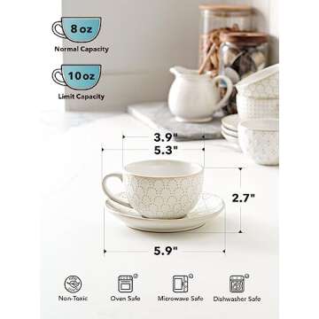 LE TAUCI 8 oz Cappuccino Cups with Saucers, Ceramic Large Coffee Cup for Au Lait, Double shot, Latte, Cafe Mocha, Tea - Set of 4, Arctic white