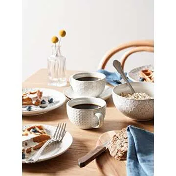 LE TAUCI 8 oz Cappuccino Cups with Saucers, Ceramic Large Coffee Cup for Au Lait, Double shot, Latte, Cafe Mocha, Tea - Set of 4, Arctic white