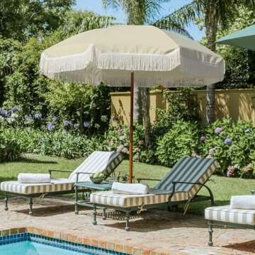 AMMSUN 7ft Patio Umbrella with Fringe Outdoor Tassel Umbrella UPF50+ Wood Color Steel Pole and Steel Ribs Push Button Tilt