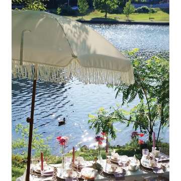 AMMSUN 7ft Patio Umbrella with Fringe Outdoor Tassel Umbrella UPF50+ Wood Color Steel Pole and Steel Ribs Push Button Tilt