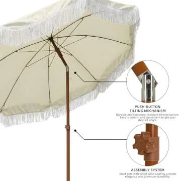 AMMSUN 7ft Patio Umbrella with Fringe Outdoor Tassel Umbrella UPF50+ Wood Color Steel Pole and Steel Ribs Push Button Tilt