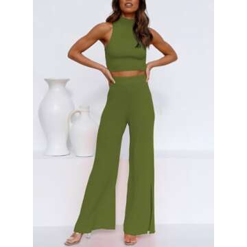 ARTFREE Womens 2 Piece Outfits Sets Casual Sweatsuits Streetwear, Ribbed Knit Palazzo Wide Leg Pants...