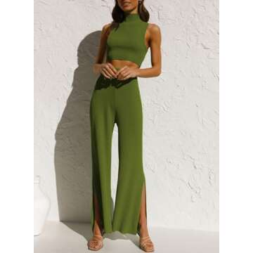 ARTFREE Womens 2 Piece Outfits Sets Casual Sweatsuits Streetwear, Ribbed Knit Palazzo Wide Leg Pants and Cropped Tops Camel XL