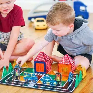 IGIVI Magnetic Tiles Road Set with Car Toys, Magnetic Building Blocks for Toddlers, STEM Constructio...