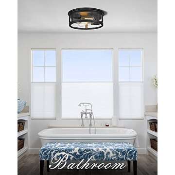 FOITTON Industrial Flush Mount Ceiling Light, 2-Light Farmhouse Metal Cage Ceiling Lights for Hallway,Kitchen,Stairways,Bedroom,Matte Black Finish