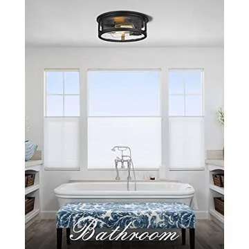 FOITTON Industrial Flush Mount Ceiling Light, 2-Light Farmhouse Metal Cage Ceiling Lights for Hallway,Kitchen,Stairways,Bedroom,Matte Black Finish