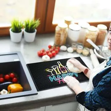 Preboun 17.72 x 11.81 Inches Bar Mat with Fluorescent Pattern Thick Rubber Non Slip Black Bar Spill Mats Countertop Entertaining and Vibrant Home Bar Service Mat for Coffee Kitchen Restaurants Counter