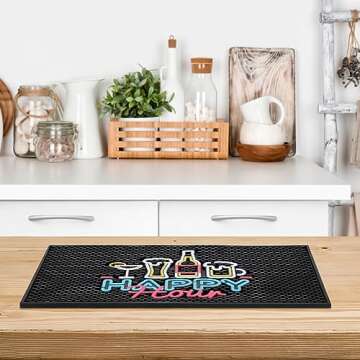 Preboun 17.72 x 11.81 Inches Bar Mat with Fluorescent Pattern Thick Rubber Non Slip Black Bar Spill Mats Countertop Entertaining and Vibrant Home Bar Service Mat for Coffee Kitchen Restaurants Counter