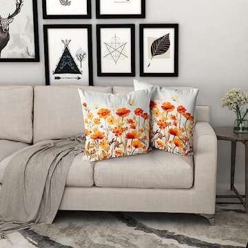Giwawa Fall Wildflowers Decorative Pillow Covers 18x18 Inch Set of 2,Thanksgiving Autumn Kitchen Home Decor, Orange Flower Throw Pillows Case,Farmhouse Square Cushion Covers for Sofa Bed Couch