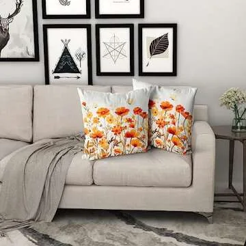 Giwawa Fall Wildflowers Decorative Pillow Covers 18x18 Inch Set of 2,Thanksgiving Autumn Kitchen Home Decor, Orange Flower Throw Pillows Case,Farmhouse Square Cushion Covers for Sofa Bed Couch