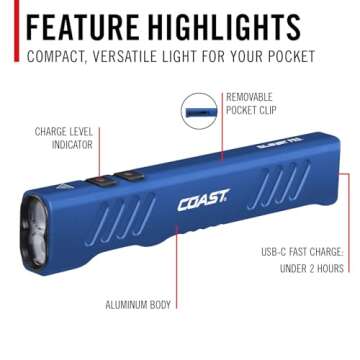 Coast Slayer 1150 Lumen USB-C Rechargeable LED Flashlight with Spot/Flood, Memory Mode and Pocket Clip, Blue