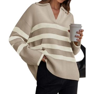 ZESICA Women's Winter Sweaters: Lapel V Neck Long Sleeve Striped Chic Knit Oversized Pullover