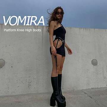 VOMIRA Black Platform Boots for Women Round Toe Chunky High Heels Side Zipper Knee High Boots Stretc...