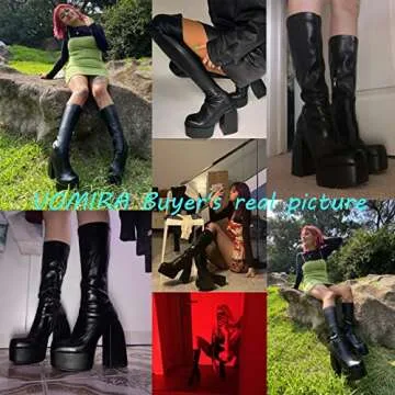 VOMIRA Black Platform Boots for Women Round Toe Chunky High Heels Side Zipper Knee High Boots Stretch Leather Boots Goth Punk Motorcycle Boots