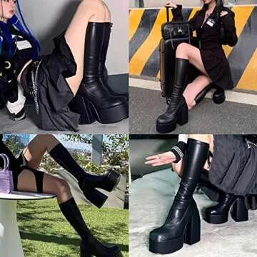 VOMIRA Black Platform Boots for Women Round Toe Chunky High Heels Side Zipper Knee High Boots Stretch Leather Boots Goth Punk Motorcycle Boots