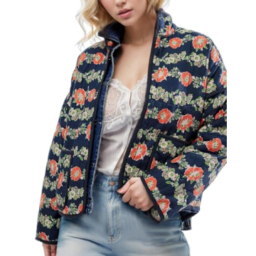 Stylish Wyeysyt Women's Cropped Puffer Jacket - Lightweight Floral Print Long Sleeve Quilted Coat (N...