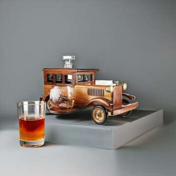 Old Fashioned Car Whiskey Decanter Set, Very Large 15" x 13" x 7" 750ml Decanter Spigot, and 2-10oz Whiskey Tumbler Old Fashion Glasses, Old Fashioned Vintage Car, Limited Edition, Great Bar Gift!