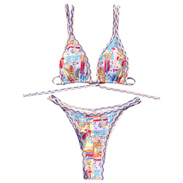 Sexy Micro Triangle Thong Bikini - Bright Multicolor Print