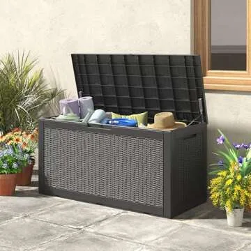 LHBGO 100 Gallon Deck Box Lockable Rattan Outdoor Storage Box waterproof Outdoor Container for Patio Furniture Cushions, Pillow