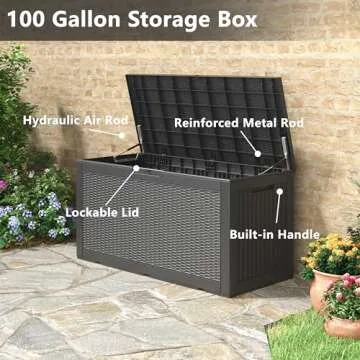 LHBGO 100 Gallon Deck Box Lockable Rattan Outdoor Storage Box waterproof Outdoor Container for Patio Furniture Cushions, Pillow