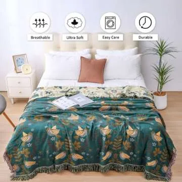 VANJOROY Boho Large Throw Blanket for Bed, 100% Cotton Soft Breathable Throw-Floral Bird Rustic Decor Blanket for Couch Sofa Quilt and Gift, 60" x 80"-Teal/Beige