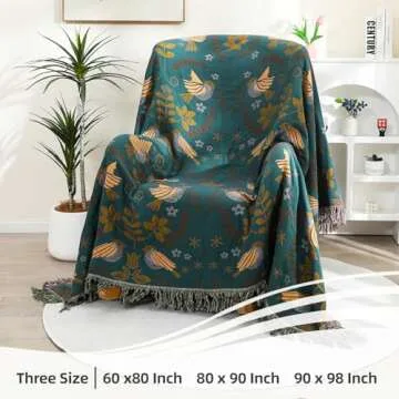 VANJOROY Boho Large Throw Blanket for Bed, 100% Cotton Soft Breathable Throw-Floral Bird Rustic Decor Blanket for Couch Sofa Quilt and Gift, 60" x 80"-Teal/Beige